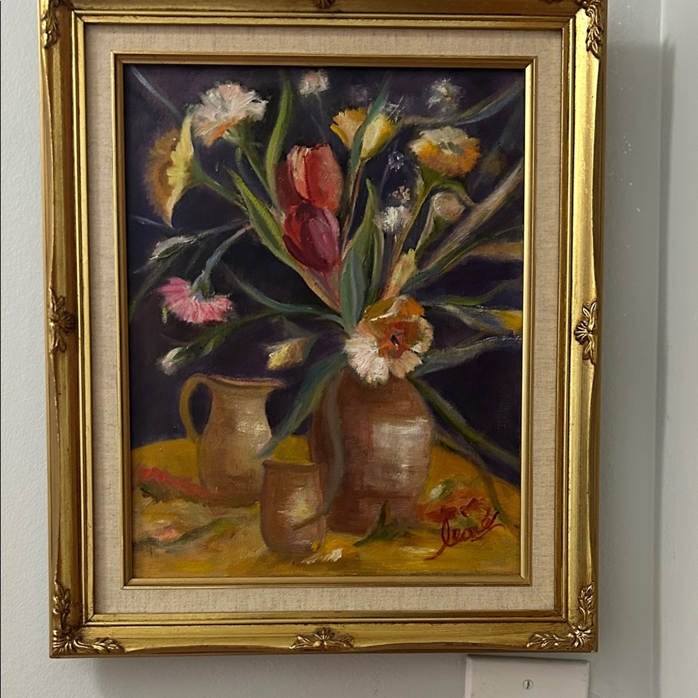 Vintage Floral oil on canvas  Art with Gold  hand made  original Frame , sign